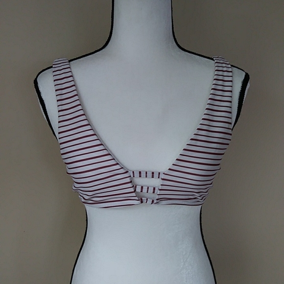 Zaful Cut-Out Striped Two Piece Bikini High Waisted Cheeky Bottom 6 White Maroon - Picture 4 of 16